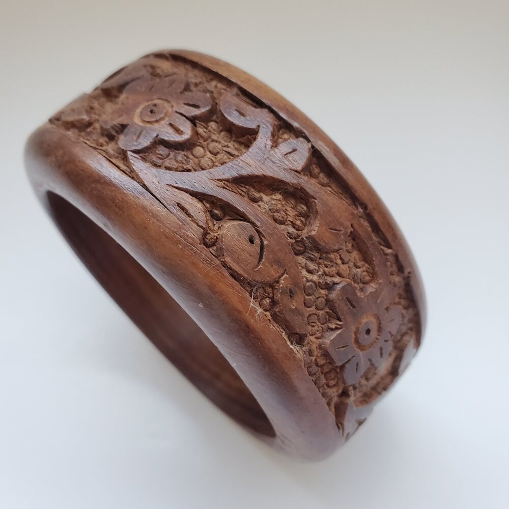 Artisan Hand Carved Wood Wide Bangle Bracelet Textured Florals Trendy Chunky